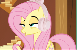 Size: 640x421 | Tagged: safe, edit, edited screencap, screencap, fluttershy, pegasus, pony, g4, female, headphones, mare, pink mane, pink tail, solo, tail, yellow coat