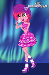 Size: 3250x4994 | Tagged: safe, artist:kylexisliner, ruby jubilee, human, bridlewoodstock (make your mark), equestria girls, g4, g5, my little pony: make your mark, my little pony: make your mark chapter 4, bracelet, bridlewoodstock, choker, clothes, dress, equestria girls-ified, female, flower, flower in hair, g5 to equestria girls, g5 to g4, generation leap, high heels, jewelry, microphone, open mouth, shoes, socks, solo