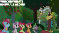 Size: 2000x1125 | Tagged: safe, edit, edited screencap, editor:quoterific, screencap, apple bloom, cup cake, discord, scootaloo, spike, sweetie belle, draconequus, dragon, earth pony, pegasus, pony, unicorn, g4, the big mac question, apple, apple tree, bowtie, button-up shirt, clothes, cutie mark crusaders, dress shirt, female, formal wear, male, shirt, shirtless shirt collar, suit, tree, tuxedo, winged spike, wings