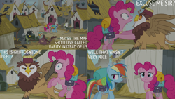 Size: 2000x1125 | Tagged: safe, edit, edited screencap, editor:quoterific, screencap, gunter, pinkie pie, rainbow dash, earth pony, griffon, pegasus, pony, g4, season 5, the lost treasure of griffonstone, backpack, griffonstone