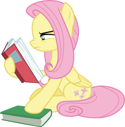 Size: 3000x3066 | Tagged: safe, artist:cloudy glow, fluttershy, pegasus, pony, a health of information, g4, .ai available, angry, book, female, high res, nose wrinkle, reading, simple background, sitting, solo, squint, transparent background, vector