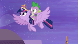 Size: 1280x720 | Tagged: safe, screencap, spike, twilight sparkle, alicorn, dragon, pony, g4, princess twilight sparkle (episode), season 4, big crown thingy, dragons riding ponies, duo, duo male and female, element of magic, eyebrows, female, flying, jewelry, male, mare, night, night sky, regalia, riding, riding a pony, sky, smiling, spike riding twilight, spread wings, twilight sparkle (alicorn), wings