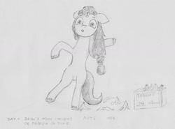 Size: 2000x1483 | Tagged: safe, artist:adamv20, sunny starscout, earth pony, pony, g5, atg 2023, banana, banana peel, belly, bipedal, box, female, food, mare, monochrome, newbie artist training grounds, slipping, standing, traditional art, unshorn fetlocks