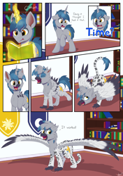Size: 2896x4119 | Tagged: safe, artist:arcane-thunder, oc, oc only, oc:arcane thunder, griffon, pony, unicorn, book, comic, dialogue, fangs, floppy ears, glowing, glowing horn, griffonized, horn, levitation, magic, male, open mouth, question mark, smiling, solo, species swap, stallion, telekinesis, text, transformation, transformation sequence, wings