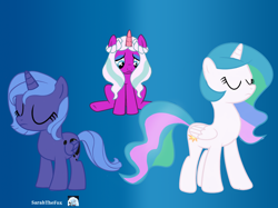 Size: 2550x1910 | Tagged: safe, artist:sarahthefox97, opaline arcana, princess celestia, princess luna, alicorn, pony, g4, g5, my little pony: make your mark, my little pony: make your mark chapter 4, sunny side up, spoiler:g5, spoiler:my little pony: make your mark chapter 4, spoiler:mymc04e04, female, filly, filly opaline arcana, foal, folded wings, g5 to g4, generation leap, gradient background, high res, rejection, royal sisters, sad, siblings, sisters, sitting, standing, trio, trio female, wings, younger