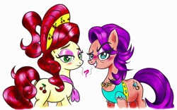 Size: 1206x751 | Tagged: safe, artist:jack107401, cherry jubilee, spoiled rich, earth pony, pony, g4, blushing, duo, female, heart, heart eyes, looking at you, question mark, simple background, smiling, white background, wingding eyes