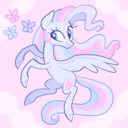 Size: 5000x5000 | Tagged: safe, artist:pilesofmiles, star catcher, butterfly, pegasus, pony, g3, g4, cloud, flowing mane, flying, g3 to g4, gen3, generation leap, multicolored hair, multicolored mane, multicolored tail, pink background, show accurate, simple background, solo, tail