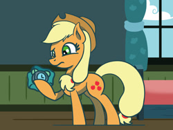 Size: 1800x1350 | Tagged: safe, artist:flutterluv, part of a set, applejack, earth pony, pony, alarm clock, atg 2023, clock, confused, ice, newbie artist training grounds, side view, solo