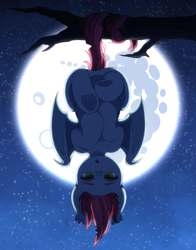 Size: 1582x2017 | Tagged: safe, artist:adostume, oc, oc only, bat pony, pony, bat pony oc, female, hanging, hanging upside down, lidded eyes, looking at you, moon, night, night sky, not zipp storm, open mouth, prehensile tail, sky, solo, stars, tail, tree branch, upside down, wings