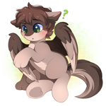 Size: 1851x1850 | Tagged: safe, artist:adostume, oc, oc only, fox, fox pony, hybrid, blushing, confused, cute, ear blush, eyebrows, eyes open, front paws, male, male oc, open mouth, paws, raised leg, simple background, sitting, solo, wings