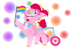 Size: 1280x854 | Tagged: safe, artist:itstechtock, oc, oc only, oc:bunny hop, pegasus, pony, bowtie, chibi, glasses, pansexual pride flag, pride, pride flag, simple background, solo, transgender pride flag, transparent background, wheelchair