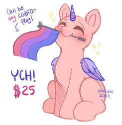 Size: 2003x2048 | Tagged: safe, artist:adostume, bisexual pride flag, commission, eyes closed, flag, high res, mouth hold, pride, pride flag, pride month, pride ponies, simple background, sitting, smiling, solo, white background, ych sketch, your character here
