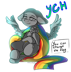 Size: 2060x2080 | Tagged: safe, artist:yuris, oc, oc only, pegasus, pony, advertisement, auction, auction open, commission, flag, floppy ears, high res, lgbt, pride, pride flag, pride month, simple background, sitting, smiling, solo, spread wings, white background, wings, ych sketch, your character here