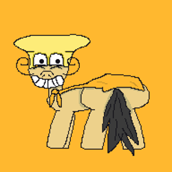 Size: 3072x3072 | Tagged: safe, artist:hexals, earth pony, pony, black tail, cape, clothes, cursed image, facial hair, high res, male, moustache, orange background, pixel art, pizza tower, ponified, rule 85, simple background, solo, tail, the noise, wat