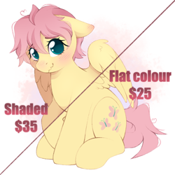Size: 2048x2048 | Tagged: safe, artist:adostume, fluttershy, pegasus, pony, g4, advertisement, alternate hairstyle, blushing, butterscotch, commission, commission info, commissions open, cute, femboy, floppy ears, high res, male, messy mane, price list, price sheet, prices, rule 63, short mane, shyabetes, solo, wavy mouth