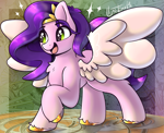 Size: 1085x886 | Tagged: safe, artist:llametsul, pipp petals, pegasus, pony, g5, adorapipp, atg 2023, colored, cute, female, happy, jewelry, mare, newbie artist training grounds, open mouth, open smile, raised hoof, smiling, solo, spread wings, tiara, unshorn fetlocks, wings