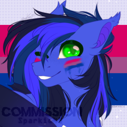 Size: 1000x1000 | Tagged: safe, artist:sparkie45, oc, oc only, oc:guard cobalt flash, bat pony, pony, bisexual male, bisexual pride flag, commi, commission, commission open, pride, pride flag, pride month, solo, ych result
