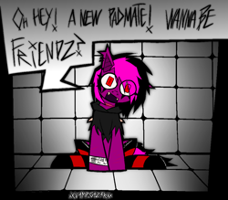 Size: 1956x1710 | Tagged: safe, artist:xxv4mp_g4z3rxx, oc, oc only, bat pony, pony, bat pony oc, ear piercing, emo, fangs, folded wings, hospital band, looking at you, nonbinary, open mouth, padded cell, piercing, red eyes, scar, self harm, self harm scars, solo, talking to viewer, wings