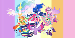 Size: 10712x5392 | Tagged: safe, artist:jeatz-axl, artist:parclytaxel, artist:thisismyphotoshoppin, edit, editor:incredibubbleirishguy, applejack, fluttershy, pinkie pie, princess cadance, princess celestia, princess luna, rainbow dash, rarity, twilight sparkle, alicorn, earth pony, pegasus, pony, unicorn, g4, alicorn tetrarchy, bow, colored wings, hair bow, large wings, mane six, multicolored hair, multicolored mane, multicolored tail, multicolored wings, princess, rainbow background, rainbow power, rainbow power-ified, spread wings, tail, twilight sparkle (alicorn), vector, wings