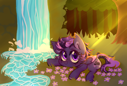 Size: 4000x2701 | Tagged: safe, artist:mrrgn, oc, oc only, oc:shadow galaxy, pegasus, pony, commission, crepuscular rays, cute, ethereal mane, flower, forest, forest background, grass, high res, hooves, looking at you, lying down, lying on the ground, pegasus oc, river, smiling, smol, solo, starry mane, starry tail, tail, tree, unshorn fetlocks, water, waterfall, ych result