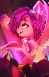 Size: 2299x3600 | Tagged: safe, artist:maren, ruby jubilee, pegasus, pony, bridlewoodstock (make your mark), g5, my little pony: make your mark, my little pony: make your mark chapter 4, spoiler:my little pony: make your mark chapter 4, spoiler:mymc04e01, audience, beautiful, bracelet, bridlewoodstock, female, flower, flower in hair, glowstick, high res, jewelry, mare, microphone, singing, spread wings, wings