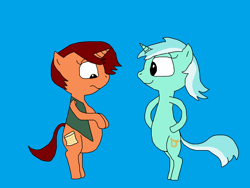 Size: 2000x1500 | Tagged: safe, artist:blazewing, lyra heartstrings, oc, oc:tough cookie, pony, unicorn, g4, atg 2023, belly, bipedal, blue background, chubby, clothes, digital art, drawpile, duo, female, hooves on hips, looking down, newbie artist training grounds, simple background, smiling, unsure, vest