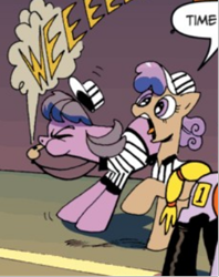 Size: 302x382 | Tagged: safe, idw, official comic, screencap, offside offense, raisin puff, earth pony, pony, g4, spoiler:comic11, background pony, blowing whistle, clothes, female, hat, referee, sports, whistle