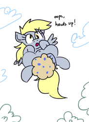 Size: 477x653 | Tagged: safe, artist:jargon scott, derpy hooves, pegasus, pony, g4, female, food, looking at you, looking down, looking down at you, mare, muffin, simple background, sky, solo, white background