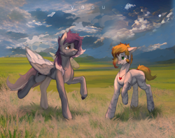 Size: 3542x2794 | Tagged: safe, artist:yasu, oc, oc only, earth pony, pegasus, pony, zebra, field, high res, mountain, pegasus oc, scenery, zebra oc