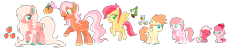 Size: 2067x437 | Tagged: safe, artist:shebasoda, oc, oc only, oc:apple rosebud, oc:apple sprout, oc:honeydew, oc:lil' tulip, oc:peachy keen, oc:persimmon, oc:pocket o' posies, earth pony, pegasus, pony, baby, baby pony, base used, bow, coat markings, colored pinnae, colt, female, filly, foal, freckles, hair bow, male, mare, offspring, pale belly, parent:big macintosh, parent:fluttershy, parents:fluttermac, siblings, simple background, socks (coat markings), stallion, transparent background