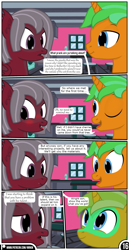 Size: 1519x2942 | Tagged: safe, artist:mrkm, oc, oc only, oc:caramel star(mrkm), oc:cherry night, oc:hard sprocket, bat pony, pony, unicorn, comic:synthesis, bat pony oc, blushing, colt, comic, confused, dialogue, faucet, female, foal, horn, kitchen, kitchen sink, looking at each other, looking at someone, looking up, male, mare, one eye closed, open mouth, sink, smiling, speech bubble, stallion, stool, unicorn oc, window, wink