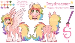 Size: 1481x847 | Tagged: safe, artist:wanderingpegasus, oc, oc only, pegasus, pony, asexual pride flag, collar, color palette, cutie mark, pride, pride flag, reference sheet, simple background, solo, spread wings, unshorn fetlocks, white background, wings