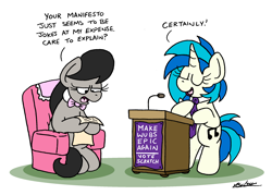 Size: 2400x1719 | Tagged: safe, artist:bobthedalek, dj pon-3, octavia melody, vinyl scratch, earth pony, pony, unicorn, g4, atg 2023, bipedal, bipedal leaning, bowtie, chair, duo, female, hoof hold, leaning, make america great again, mare, necktie, newbie artist training grounds, octavia is not amused, podium, simple background, unamused, white background