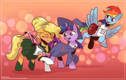Size: 2500x1600 | Tagged: safe, artist:saturdaymorningproj, applejack, rainbow dash, twilight sparkle, earth pony, pegasus, pony, unicorn, g4, blushing, boxing gloves, clothes, cosplay, costume, eyes closed, female, gloves, gradient background, hajime no ippo, little witch academia, mare, open mouth, open smile, sailor jupiter, sailor moon (series), skirt, smiling, trio