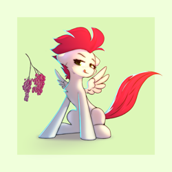 Size: 3000x3000 | Tagged: safe, artist:o0o-bittersweet-o0o, oc, oc:bittersweet, pegasus, pony, chest fluff, colored, digital art, doodle, ear fluff, female, floppy ears, food, grapes, high res, licking, licking lips, looking at something, passepartout, simple background, sitting, solo, spread wings, tongue out, wings