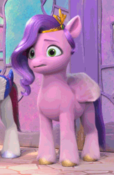 Size: 620x946 | Tagged: safe, screencap, pipp petals, zipp storm, pegasus, pony, g5, my little pony: make your mark, my little pony: make your mark chapter 4, the jinxie games, spoiler:my little pony: make your mark chapter 4, spoiler:mymc04e03, animated, bleh, coat markings, cropped, diadem, disgusted, female, gif, headband, jewelry, mare, offscreen character, pipp petals is not amused, reaction image, regalia, socks (coat markings), solo focus, tongue out, unamused