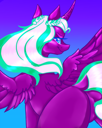Size: 2000x2500 | Tagged: safe, artist:dankpegasista, derpibooru exclusive, opaline arcana, alicorn, pony, g5, my little pony: make your mark, blue eyes, braid, butt, colored eyelashes, colored pupils, curved horn, devious smile, dock, evilbutt, eyebrows, feathered wings, featureless crotch, gradient background, heart, heart eyes, high res, horn, large wings, long eyelashes, looking at you, looking back, looking back at you, missing cutie mark, opal-ass, plot, presenting, presenting butt, purple coat, purple fur, shading, shiny hair, shiny mane, smiling, smiling at you, solo, spread wings, tail, tail aside, white hair, wingding eyes, wings