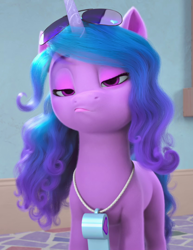 Size: 832x1080 | Tagged: safe, screencap, izzy moonbow, pony, unicorn, g5, my little pony: make your mark, my little pony: make your mark chapter 4, the jinxie games, female, izzy moonbow is not amused, izzy's coaching whistle, mare, narrowed eyes, not impressed, referee izzy moonbow, solo, sunglasses, sunglasses on head, unamused, unimpressed, whistle, whistle necklace