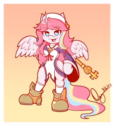 Size: 1509x1662 | Tagged: safe, artist:dexmoun, oc, oc only, oc:nekonin, alicorn, anthro, arm hooves, boots, clothes, cosplay, costume, crossdressing, dress, femboy, gradient background, male, male oc, nun, priere, scepter, shoes, solo