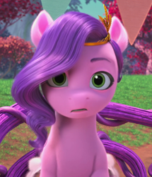 Size: 860x1000 | Tagged: safe, screencap, pipp petals, pegasus, pony, g5, my little pony: make your mark, my little pony: make your mark chapter 4, the jinxie games, spoiler:my little pony: make your mark chapter 4, spoiler:mymc04e03, confused, diadem, female, headband, jewelry, looking at you, mare, open mouth, regalia, solo