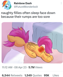Size: 1051x1282 | Tagged: safe, edit, rainbow dash, scootaloo, pegasus, pony, g4, abuse, bed, face down, female, filly, filly abuse, foal, go to sleep diamond tiara, lying down, meta, naughty, pillow, prone, rainbow douche, reddened butt, scootabuse, signature, solo, spank mark, spanked, twitter