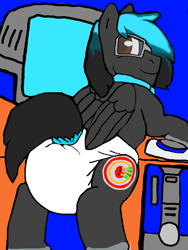 Size: 512x680 | Tagged: safe, artist:cavewolfphil, oc, pegasus, pony, blue background, clothes, computer, computer mouse, diaper, diaper fetish, fetish, glasses, male, male oc, mousepad, non-baby in diaper, pc, scarf, simple background, solo, stallion, standing on two hooves