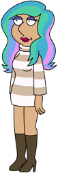 Size: 2805x8242 | Tagged: safe, artist:threetwotwo32232, princess celestia, human, boots, clothes, family guy, humanized, shoes, simple background, solo, style emulation, transparent background, turtleneck