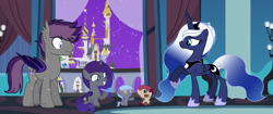 Size: 5117x2153 | Tagged: safe, artist:pastelnightyt, princess luna, oc, oc:cloudy night (pastelnightyt), oc:joyful night, oc:moonlight lullaby, oc:night shield, bat pony, pony, g4, alternate hair color, alternate hairstyle, baby, baby pony, canterlot, colored, concave belly, crown, curtains, ethereal mane, ethereal tail, group, height difference, hoof shoes, indoors, jewelry, lightly watermarked, looking at each other, looking at someone, male, night, peytral, physique difference, princess shoes, purple sky, quintet, raised hoof, regalia, sitting, slender, stallion, standing, starry mane, starry sky, starry tail, tail, thin, watermark