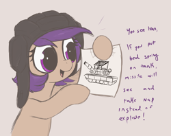 Size: 2400x1900 | Tagged: safe, artist:t72b, oc, oc only, oc:tenk pone, earth pony, pony, armor, cope cage, female, hat, helmet, hoof hold, looking at something, mare, meme, paper, solo, talking to viewer, tank (vehicle), you see ivan