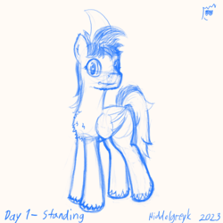 Size: 1000x1000 | Tagged: safe, artist:hiddelgreyk, oc, oc only, pegasus, pony, looking at you, male, male oc, monochrome, newbie artist training grounds, pegasus oc, simple background, sketch, smiling, smiling at you, solo, stallion, standing