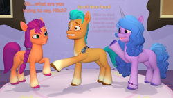 Size: 1920x1080 | Tagged: safe, artist:red4567, hitch trailblazer, izzy moonbow, sunny starscout, earth pony, pony, unicorn, g5, 3d, atg 2023, blaze (coat marking), bluey, bracelet, coat markings, facial markings, female, friendship bracelet, frozen, gritted teeth, implied sparky sparkeroni, jewelry, male, mare, newbie artist training grounds, open mouth, open smile, pale belly, raised hoof, smiling, socks (coat markings), source filmmaker, stallion, teeth, transfixed, trio, unshorn fetlocks