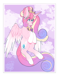 Size: 1766x2257 | Tagged: safe, artist:ezzerie, oc, oc:empress amore, alicorn, pony, art trade, crown, flying, jewelry, princess, regalia, solo