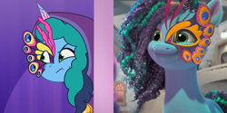 Size: 3200x1600 | Tagged: safe, edit, edited screencap, screencap, misty brightdawn, pony, unicorn, g5, my little pony: make your mark, my little pony: make your mark chapter 4, my little pony: tell your tale, nightmare night party, the manesquerade ball, spoiler:g5, spoiler:my little pony: make your mark chapter 4, spoiler:my little pony: tell your tale, spoiler:mymc04e05, spoiler:tyts01e30, bust, clothes, comparison, costume, female, horn, jewelry, makeup, mare, mask, medallion, mirrored, necklace, smiling, solo, youtube link