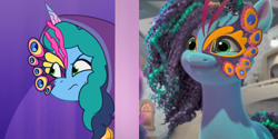 Size: 3200x1600 | Tagged: safe, edit, edited screencap, screencap, misty brightdawn, pony, unicorn, g5, my little pony: make your mark, my little pony: make your mark chapter 4, my little pony: tell your tale, nightmare night party, the manesquerade ball, spoiler:g5, spoiler:my little pony: tell your tale, spoiler:tyts01e30, bust, clothes, comparison, costume, female, horn, jewelry, makeup, mare, mask, medallion, mirrored, necklace, smiling, solo, youtube link